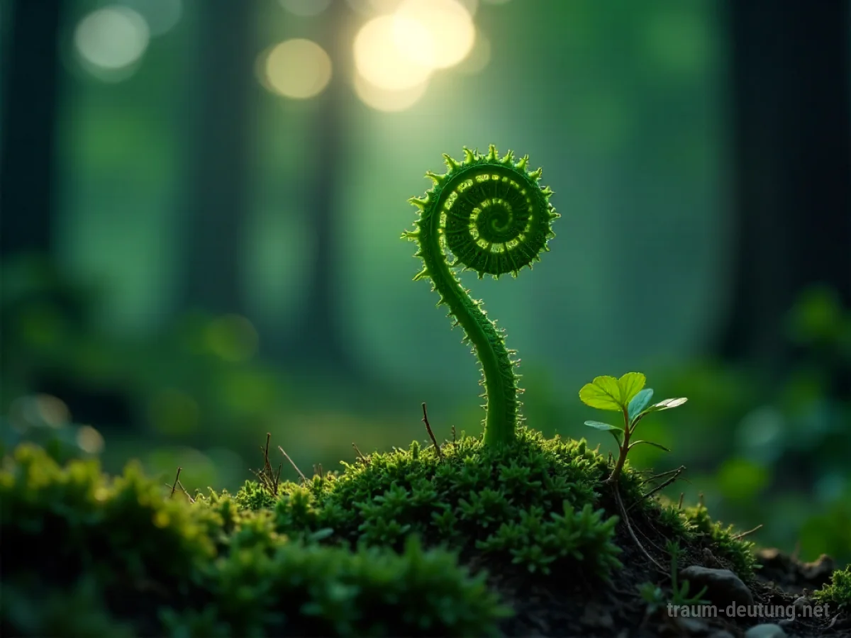 Traumsymbol Wedel: Ein einzelner, grüner Wedel entfaltet sich im sanften Mondlicht eines alten Waldes, umgeben von Moos und Laub.