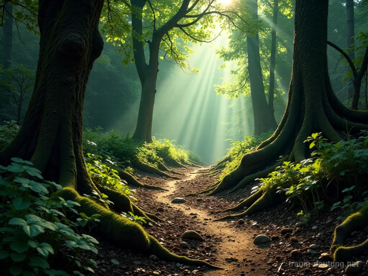 Traumsymbol Weg: Ein verschlungener, unbefestigter Pfad führt durch einen dichten, alten Wald mit sonnendurchfluteten Lichtschächten.