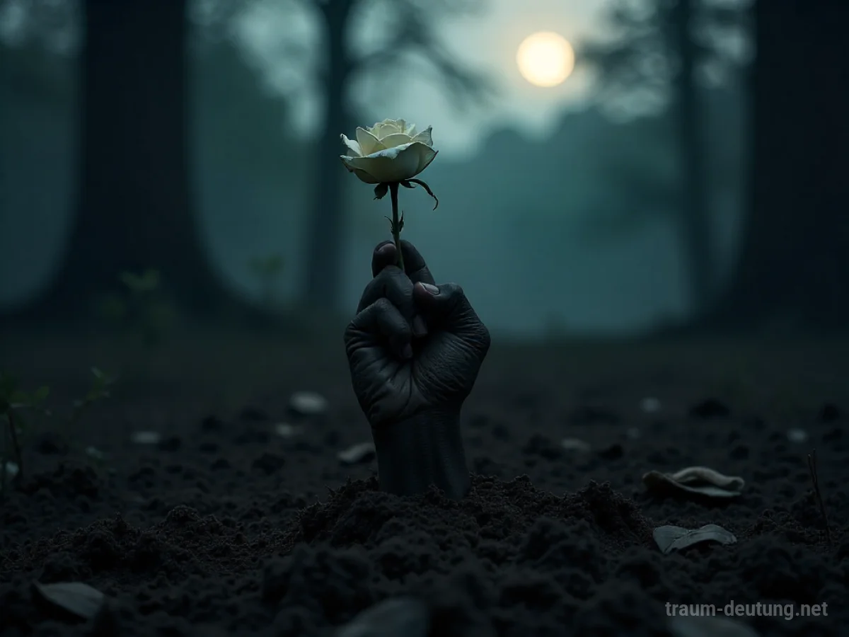 Traumsymbol Weh: Eine knorrige Hand ragt aus dunkler Erde und hält eine einzelne, verwelkte weiße Rose, während fahles Mondlicht durch einen nebligen Wald fällt.