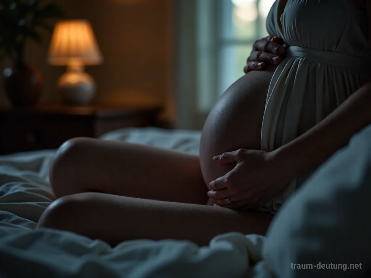Traumdeutung Wehen: Hände einer schwangeren Frau umschließen sanft ihren Bauch in einem schummrigen Schlafzimmer mit Mondlicht.