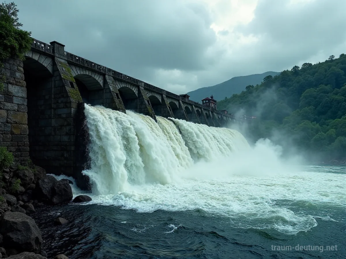 Traumsymbol Wehr: Eine mächtige, alte Steinschleuse, teilweise bemoost, hält einem turbulenten Fluss stand, während Wasser über sie hinwegstürzt.