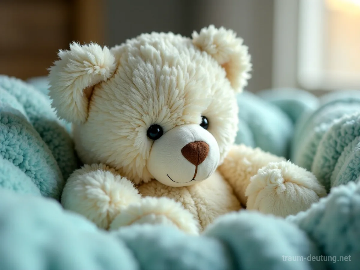 Traumsymbol Weich: Ein flauschiger, weißer Teddybär mit Knopfaugen ruht auf einer sanft texturierten, hellblauen Decke im warmen Schein des Sonnenlichts.