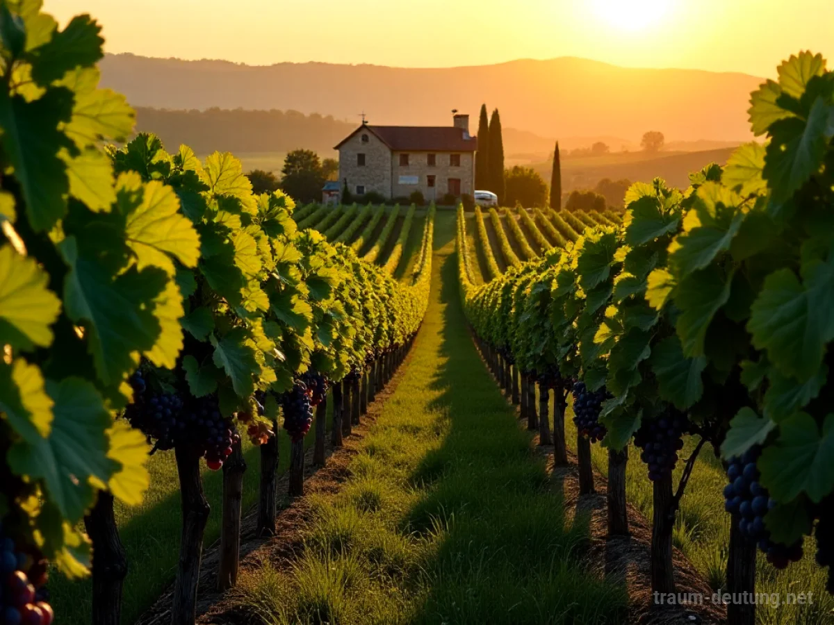 Traumdeutung Weinberg: Ein weitläufiger Weinberg mit saftigen, lila Trauben unter warmem Sonnenlicht, der Fülle und Wachstum symbolisiert.