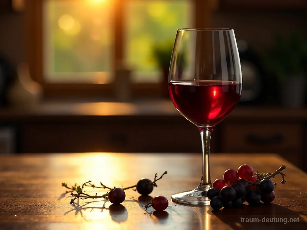 Traumsymbol Weinglas: Ein klares Weinglas mit Rotwein steht auf einem dunklen Holztisch, beleuchtet von warmem goldenem Licht, mit Trauben dekoriert.