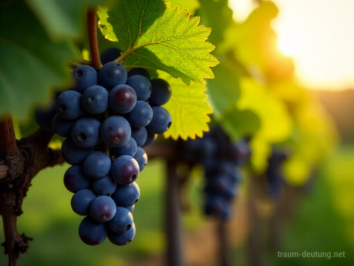 Traumsymbol Weinrebe: Eine Nahaufnahme einer grünen Weinrebe mit saftigen, dunkelvioletten Trauben, beleuchtet von der goldenen Stunde.
