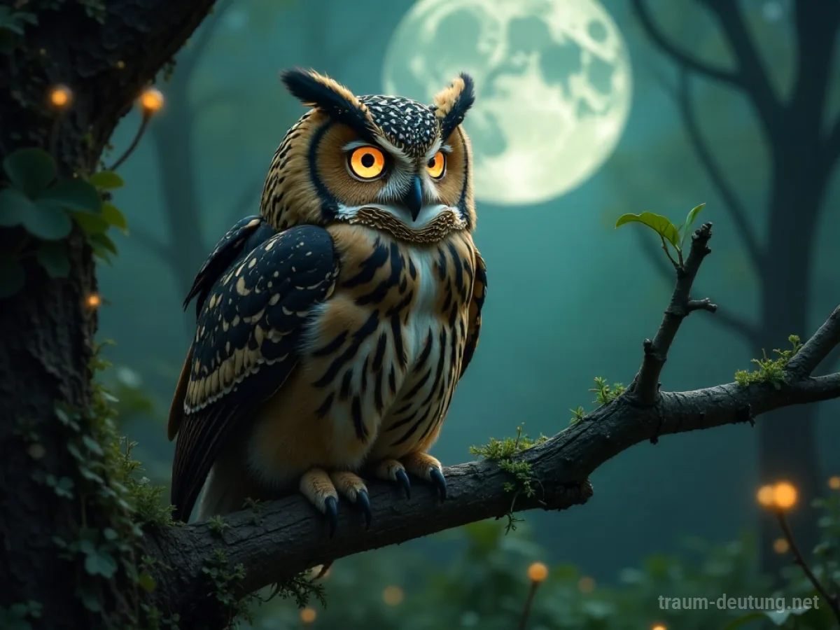 Traumsymbol Weise: Eine weise, alte Eule mit durchdringenden goldenen Augen sitzt auf einem moosbewachsenen Ast in einem mondbeschienenen, verwunschenen Wald, umgeben von geheimnisvoller Atmosphäre.