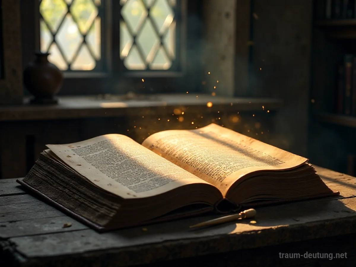 Traumdeutung Weisheit: Ein offenes, leuchtendes altes Buch mit glühenden Runen auf einem Holztisch in einer studienähnlichen Umgebung, beleuchtet von einem Sonnenstrahl.