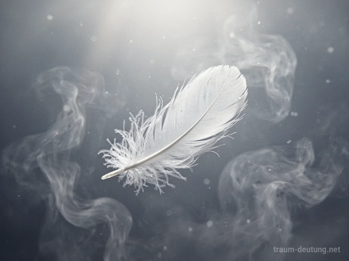 Traumsymbol Weiß: Eine einzelne, makellose weiße Feder schwebt sanft in einem ätherischen Licht, umgeben von feinem Nebel.