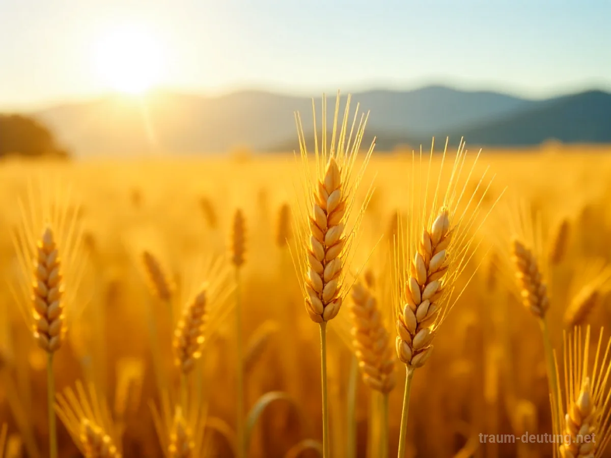 Traumsymbol Weizen: Goldene Weizenähren wiegen sich sanft in der warmen Spätnachmittagssonne auf einem weiten Feld.