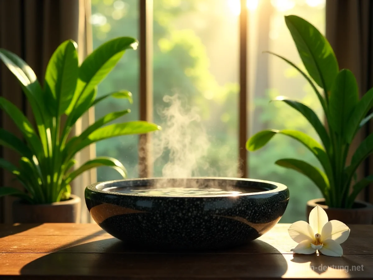 Traumdeutung Wellness: Ein sonnendurchfluteter Spa-Raum mit einem Steinbecken voller dampfendem Wasser und üppigen Pflanzen.