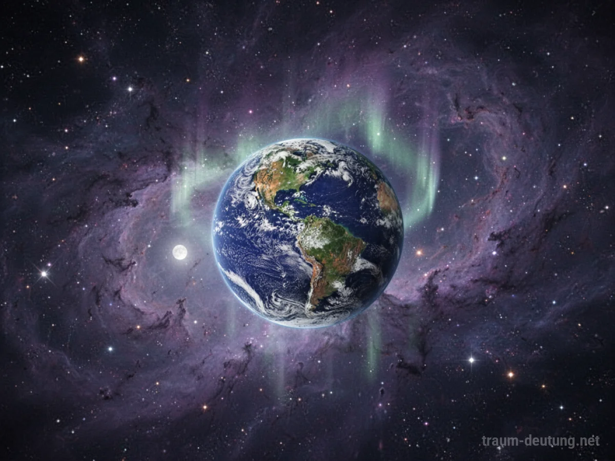 Traumsymbol Welt: Eine leuchtende Miniatur-Erde schwebt in einem nebligen Sternenfeld, beleuchtet von sanftem Mondlicht und kosmischem Staub.