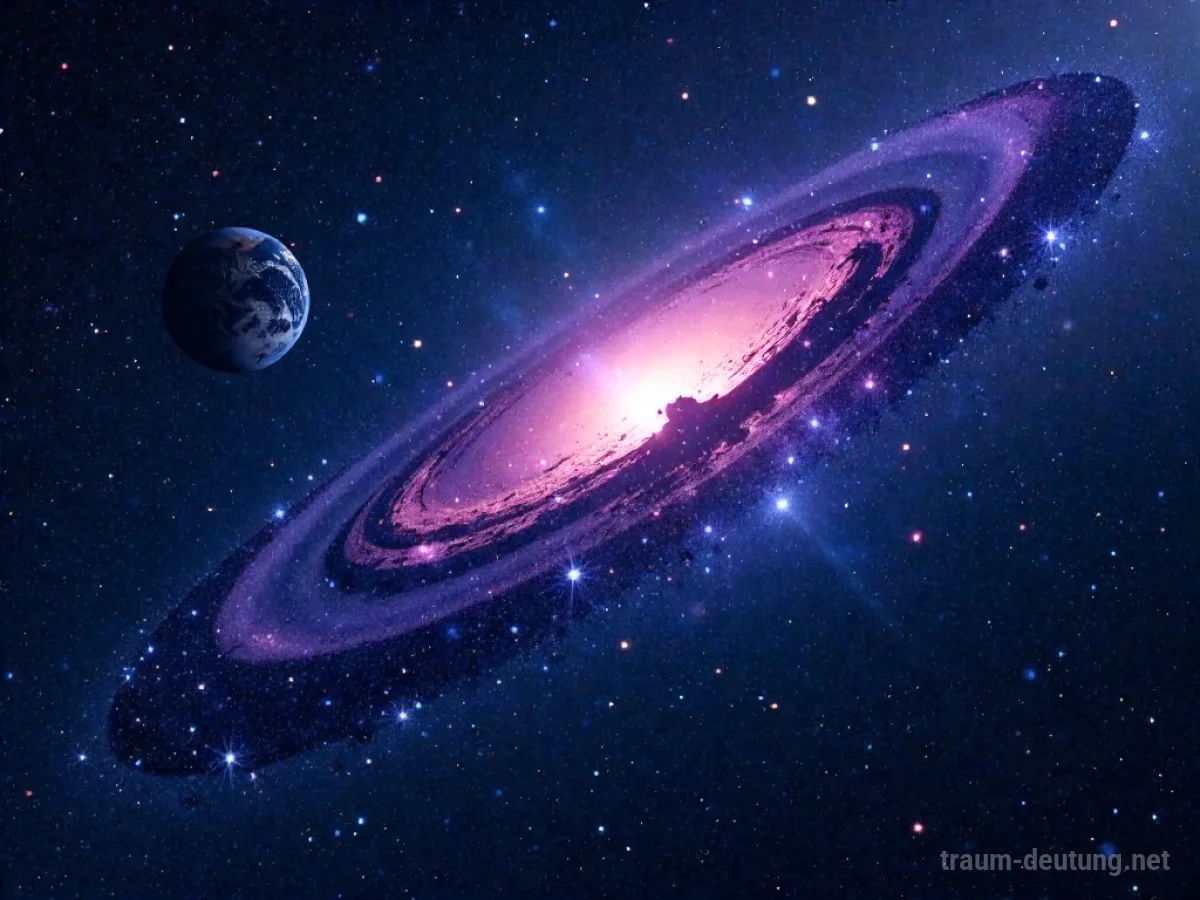 Traumdeutung Weltraum: Eine weite, tintenschwarze Weltraumlandschaft mit unzähligen Sternen, einer leuchtenden Erde und einer farbenprächtigen Nebelformation im Hintergrund.