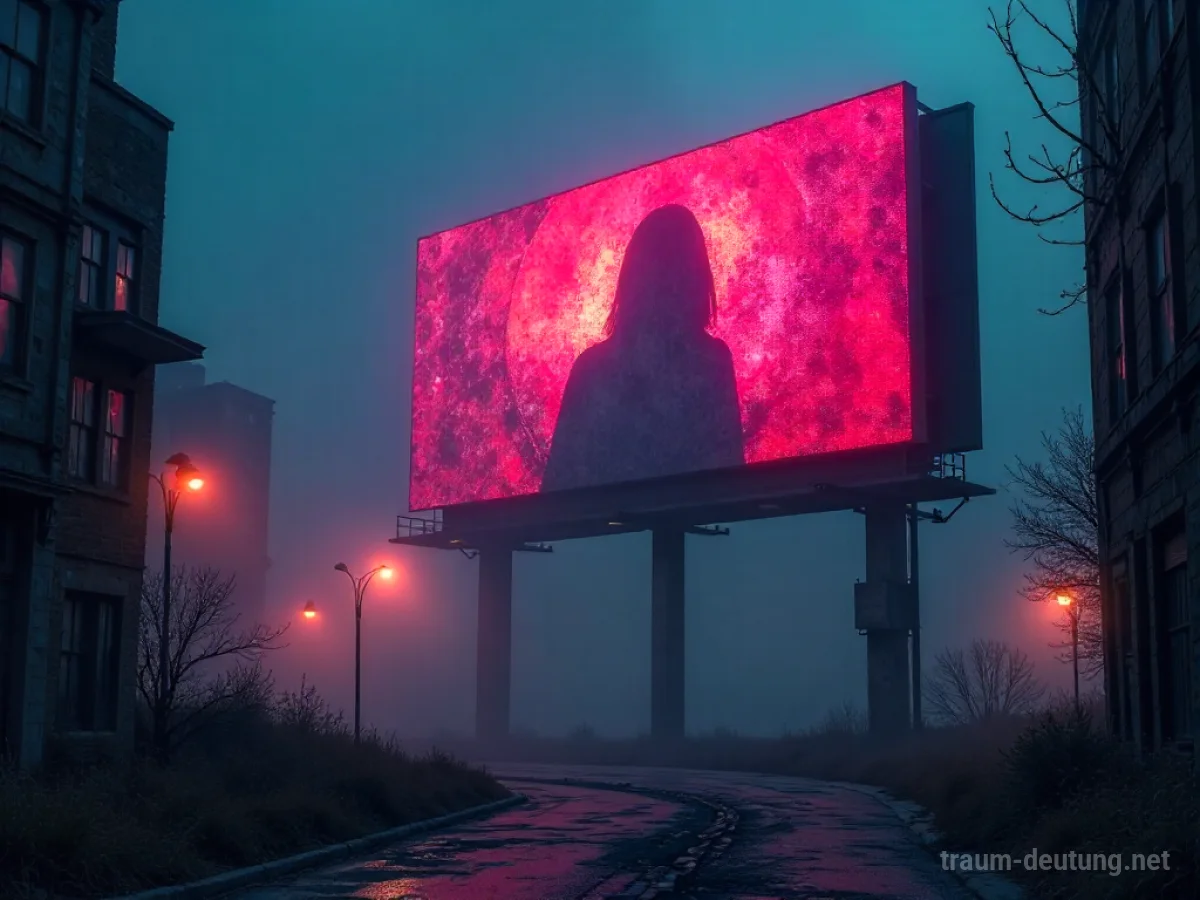 Traumdeutung Werbung: Eine riesige, leuchtende Werbetafel ragt aus einer nebelverhangenen Stadtlandschaft bei Nacht empor, mit abstrakten, farbintensiven Anzeigen.
