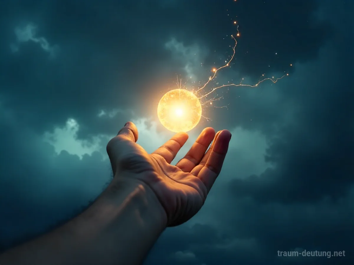 Traumdeutung Werfen: Eine Hand wirft einen leuchtenden Energieball in einen dunklen, stürmischen Himmel, der Spannung und Befreiung ausdrückt.