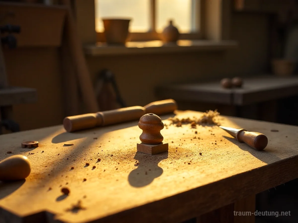 Traumdeutung Werk: Eine antike Holzwerkbank im goldenen Licht des späten Nachmittags, bedeckt mit detaillierten Werkzeugen und einem halbfertigen Holzschnitzwerk.