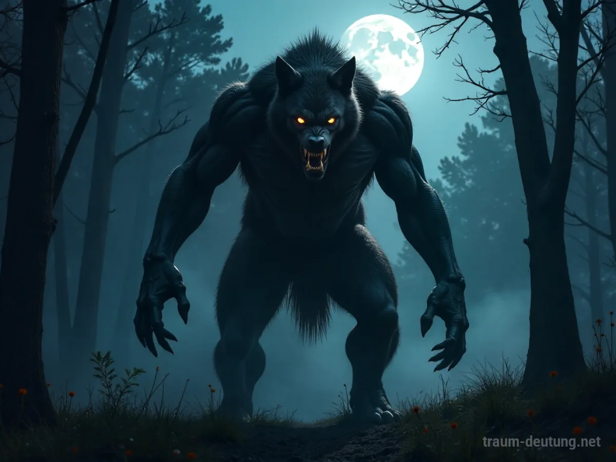 Traumdeutung Werwolf: Ein furchteinflößender Werwolf in der Verwandlung, im Mondlicht eines dunklen Waldes.