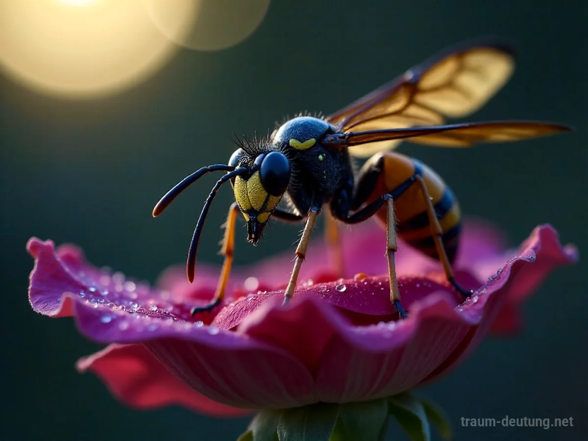 Traumdeutung Wespe: Eine bedrohlich wirkende Wespe mit schillernden Flügeln sitzt auf einem taufeuchten Rosenblatt in einem schattigen Garten bei Dämmerung.