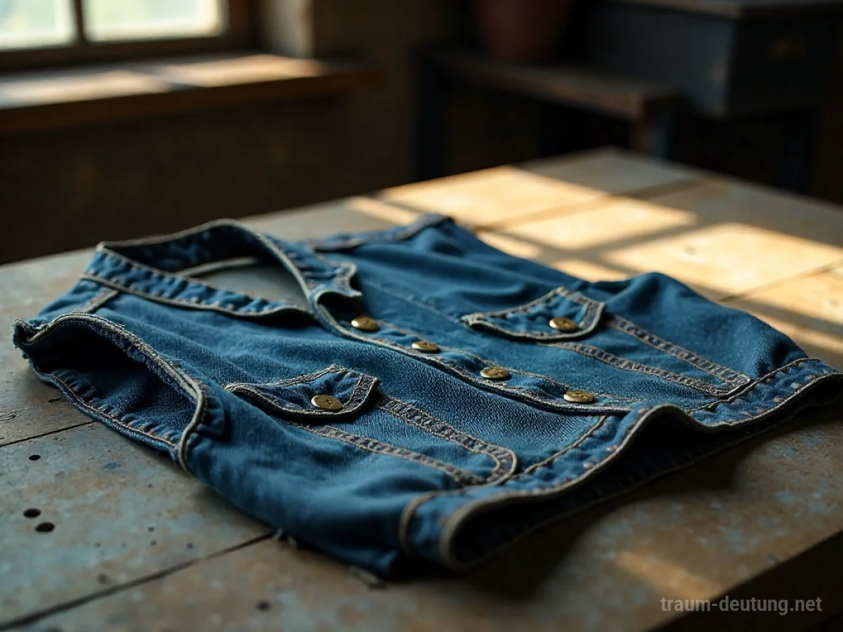 Traumsymbol Weste: Eine abgetragene, dunkelblaue Jeansweste liegt auf einem rauen Holztisch im sanften Schein von Sonnenlicht.
