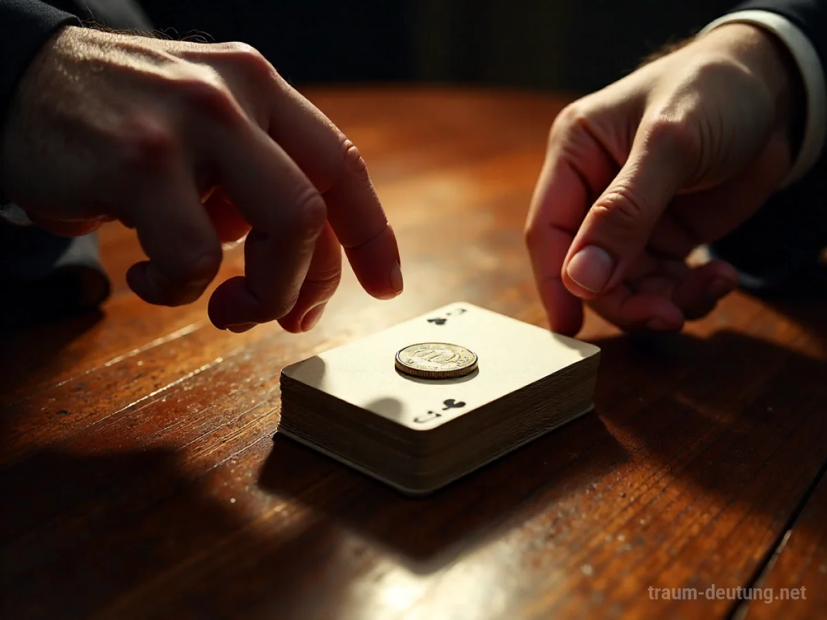 Traumsymbol Wette: Zwei Hände schweben über einem Stapel antiker Spielkarten auf einem polierten Mahagonitisch, eine Hand legt eine Münze darauf, die andere hält inne, im diffusen Licht.