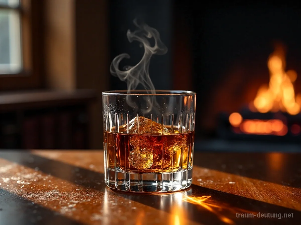 Traumsymbol Whisky: Ein Glas bernsteinfarbener Whisky steht auf einem polierten Mahagonitisch, beleuchtet von warmem Kaminlicht, mit leichten Rauchschwaden.