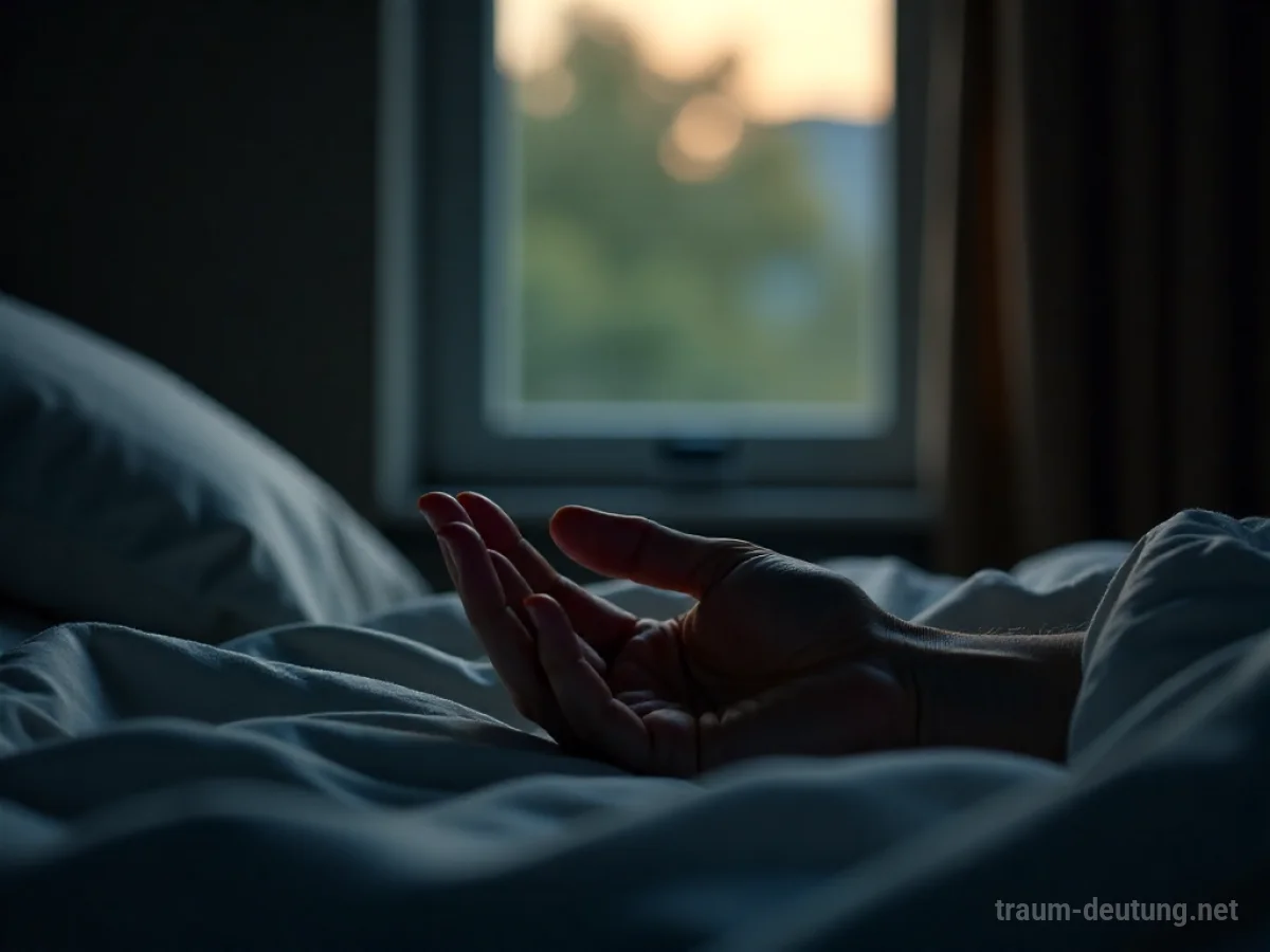 Traumsymbol Wichsen: Eine Hand berührt sich sanft im schummrigen Mondlicht eines Schlafzimmers, das die psychologischen Aspekte der Selbstbefriedigung und sexuellen Energie symbolisiert.