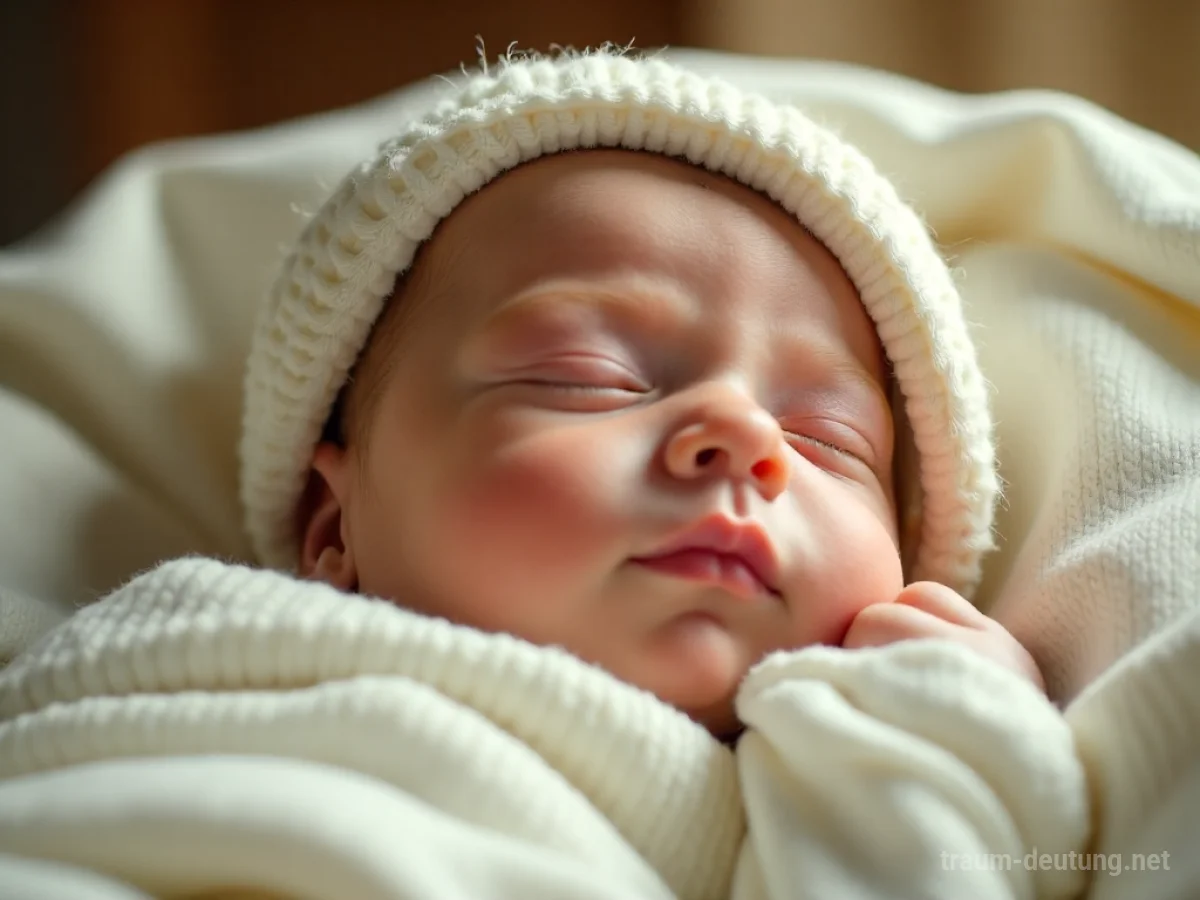 Traumdeutung Wickeln: Ein neugeborenes Baby ist sanft in ein weiches, weißes Tuch gewickelt, das Gesicht friedlich und die Augen geschlossen, beleuchtet von warmem Seitenlicht.