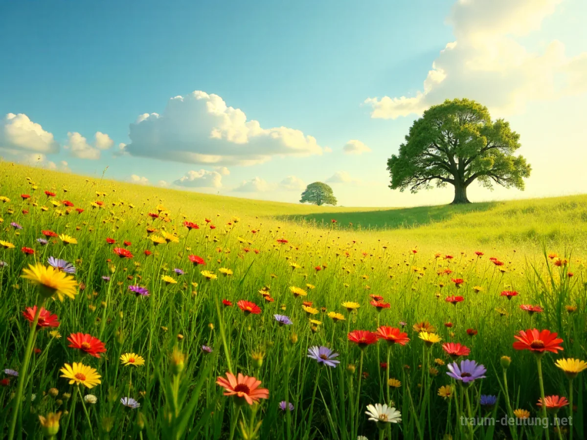 Traumsymbol Wiese: Eine weite, sonnenbeschienene Wiese voller bunter Wildblumen und hohen Gräsern unter einem klaren blauen Himmel.