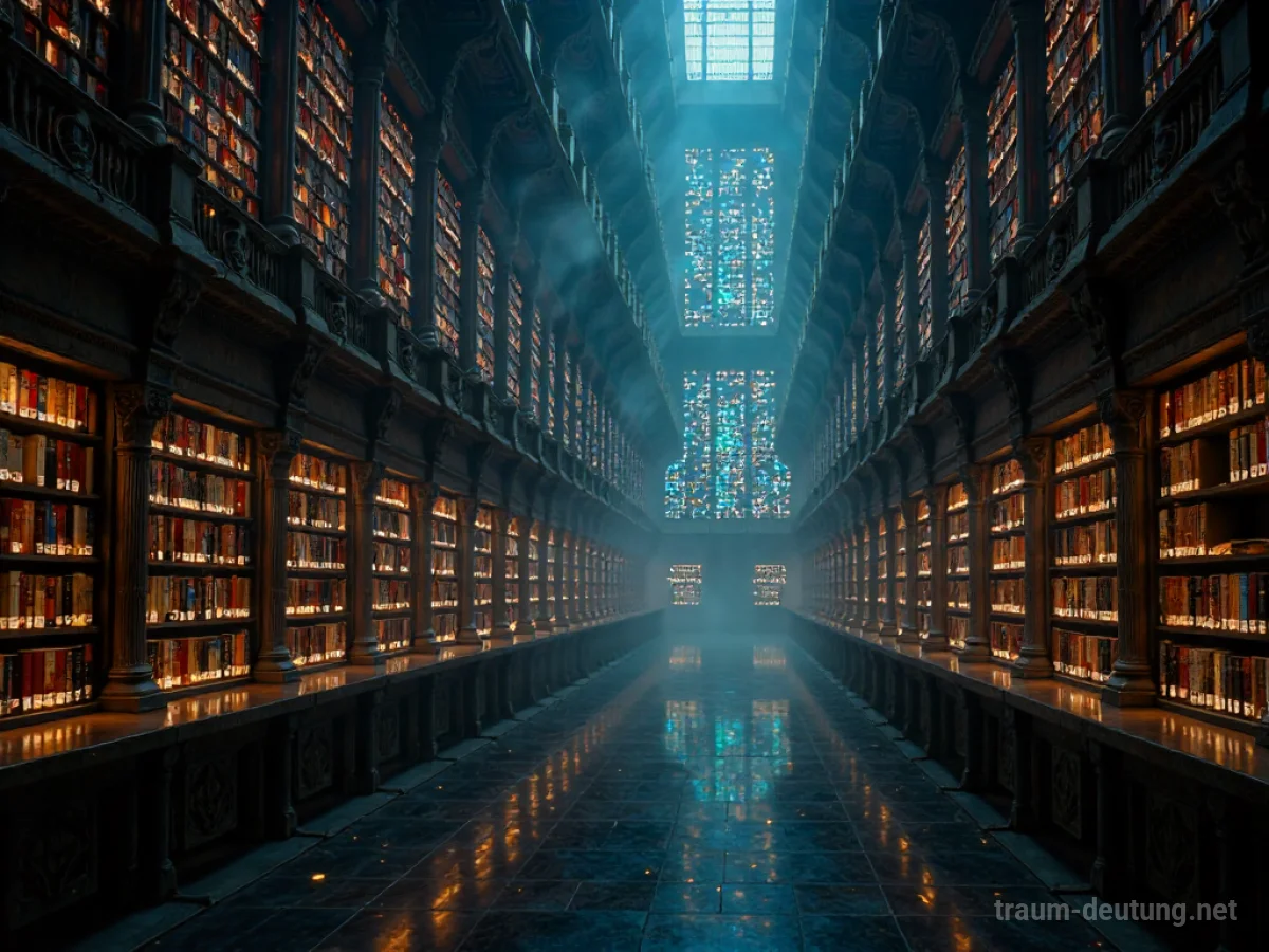 Traumsymbol Wiki: Eine riesige, antike Bibliothek mit unzähligen leuchtenden digitalen Bildschirmen, die Textfragmente und Bilder anzeigen, beleuchtet von Mondlicht.