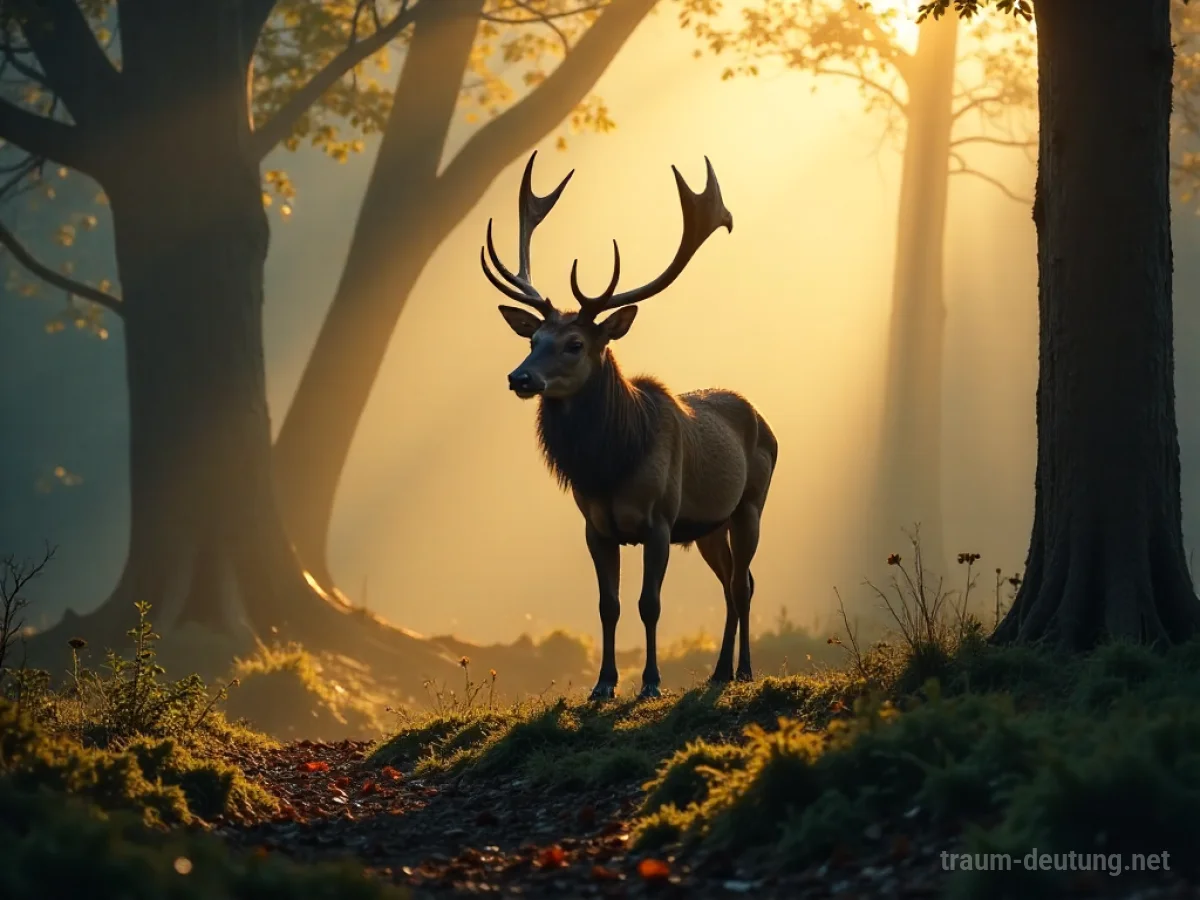 Traumsymbol Wild: Ein majestätischer Hirsch steht in einer nebligen Waldlichtung im Morgengrauen, beleuchtet von sanftem Sonnenlicht.