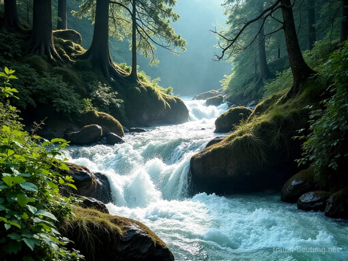Traumsymbol Wildbach: Ein reißender Gebirgsbach stürzt über moosbewachsene Felsen in einem dichten Wald, von Sonnenlicht durchdrungen.