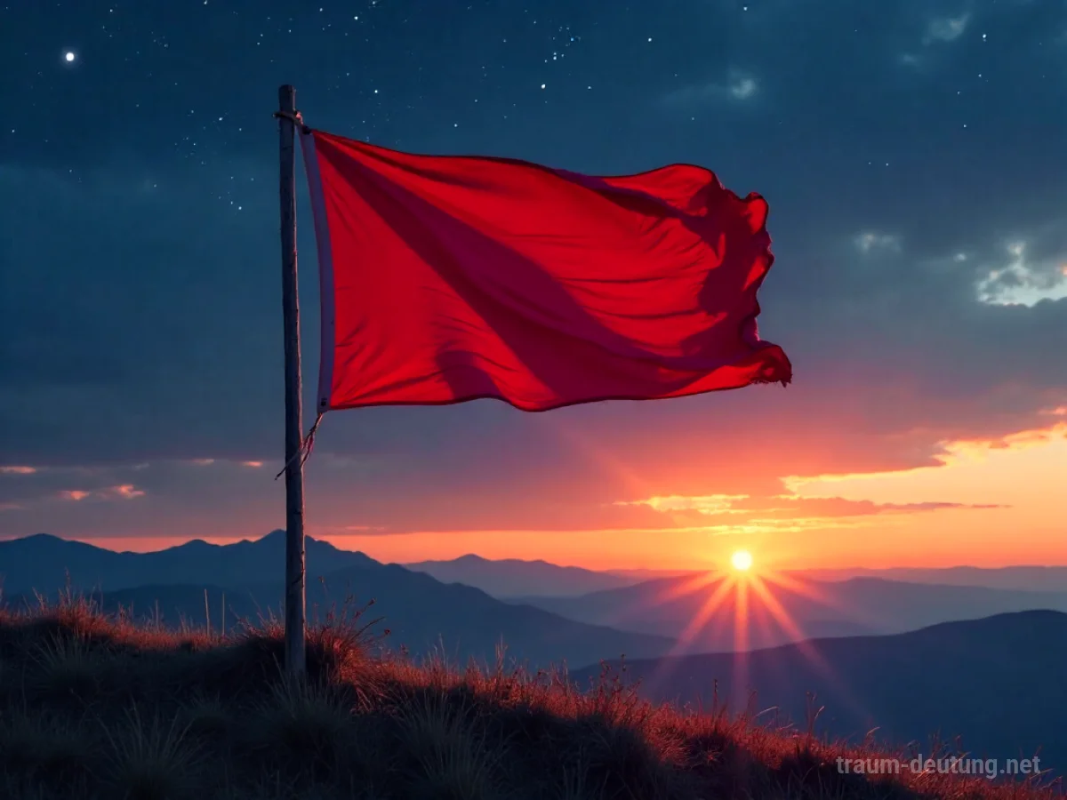 Traumsymbol Wimpel: Ein roter Wimpel weht im Abendlicht auf einem Hügel vor einem Gebirgspanorama.