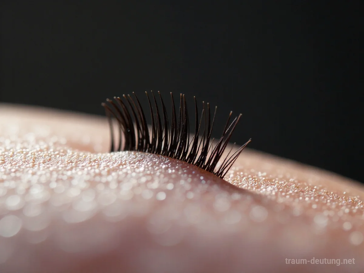 Traumsymbol Wimpern: Eine einzelne, lange, dunkle Wimper ruht auf heller Haut unter sanftem Licht.