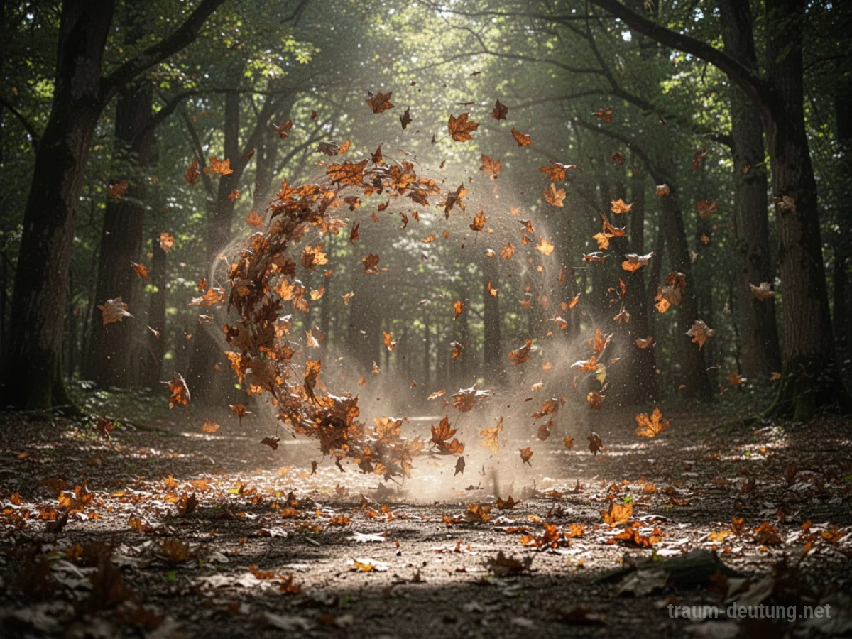 Traumsymbol Wind: Ein starker, unsichtbarer Wind wirbelt trockene Herbstblätter in einer alten Waldlichtung auf, während Sonnenlicht durch das Blätterdach fällt.