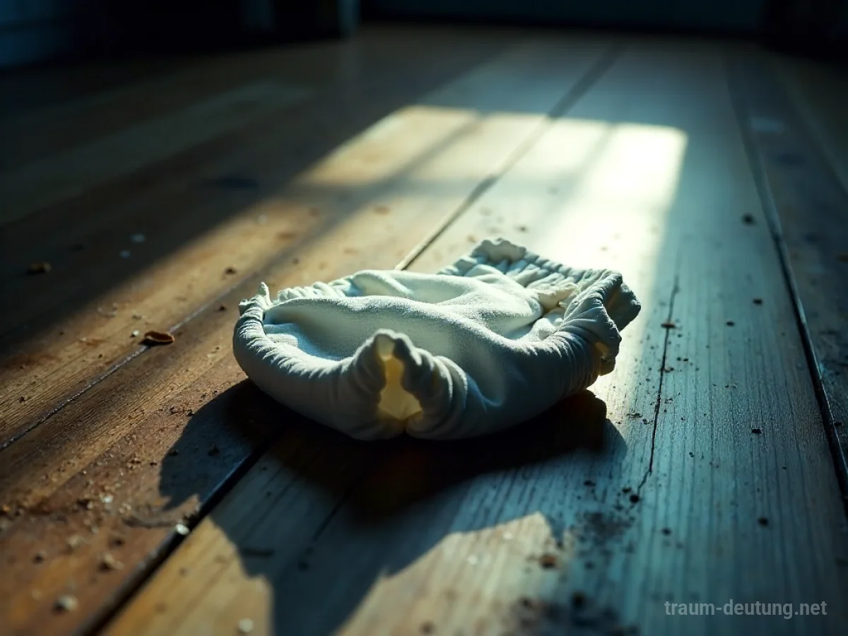 Traumsymbol Windel: Eine leicht beschmutzte Babywindel liegt auf einem dunklen Holzboden, beleuchtet von sanftem Mondlicht, das tiefe Schatten wirft.