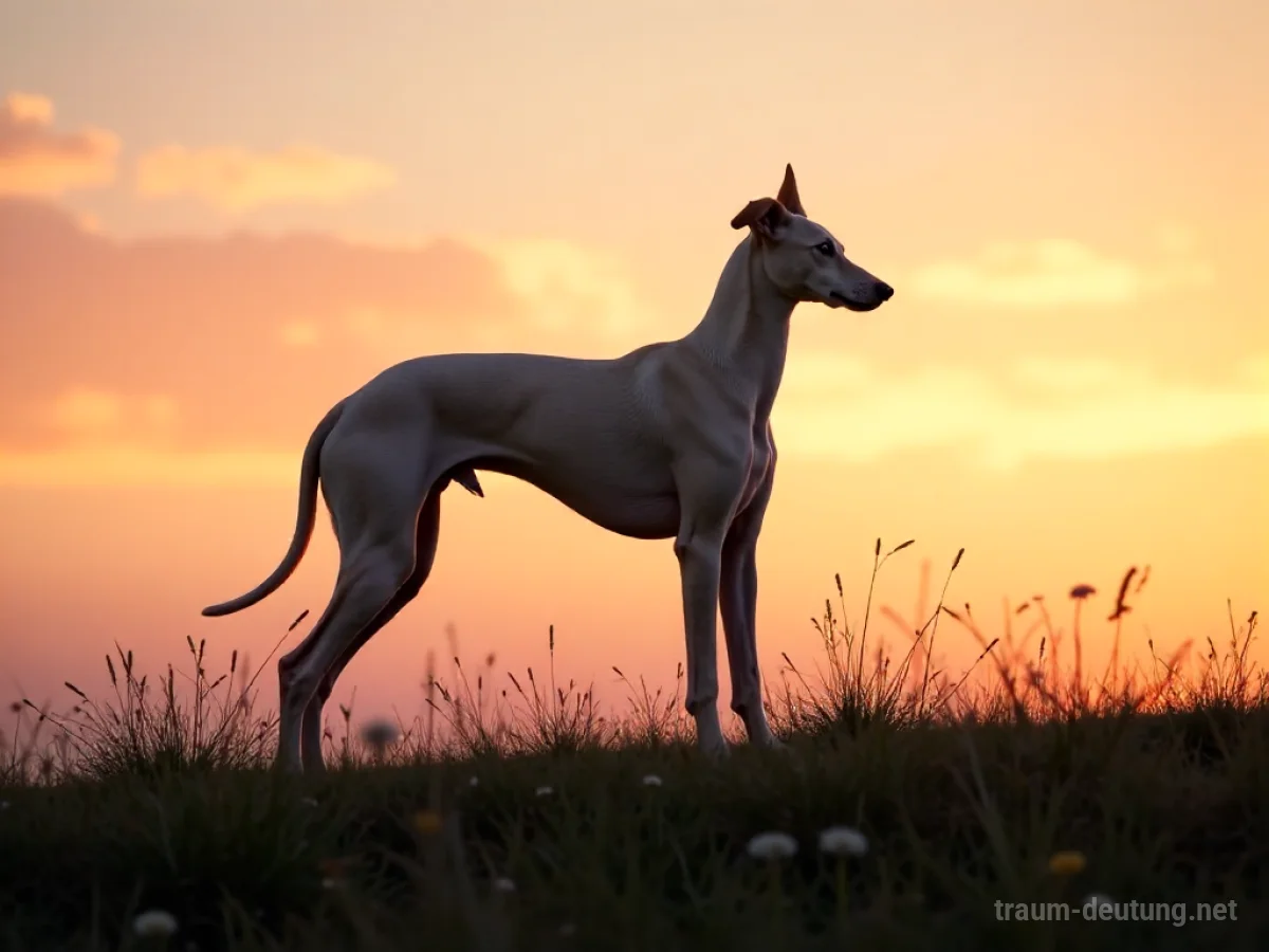 Traumsymbol Windhund: Ein schlanker, eleganter Windhund steht auf einem windgepeitschten Hügel im Morgengrauen, silhouettiert gegen einen pastellfarbenen Himmel.