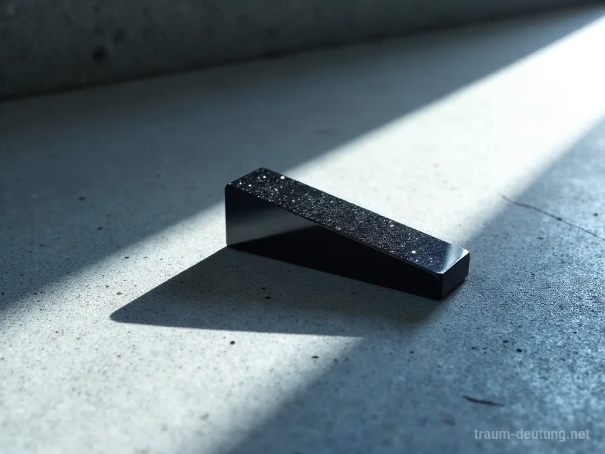 Traumsymbol Winkel: Ein scharfer, dunkler Obsidian-Winkel ruht auf rauem Beton, beleuchtet von einem einzelnen Lichtstrahl.