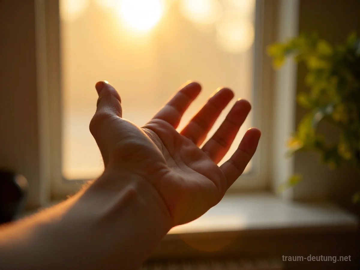 Traumsymbol Winken: Eine Hand winkt im sanften Morgenlicht vor einem unscharfen Hintergrund, was auf Abschied oder Verbindung im Traum hinweist.