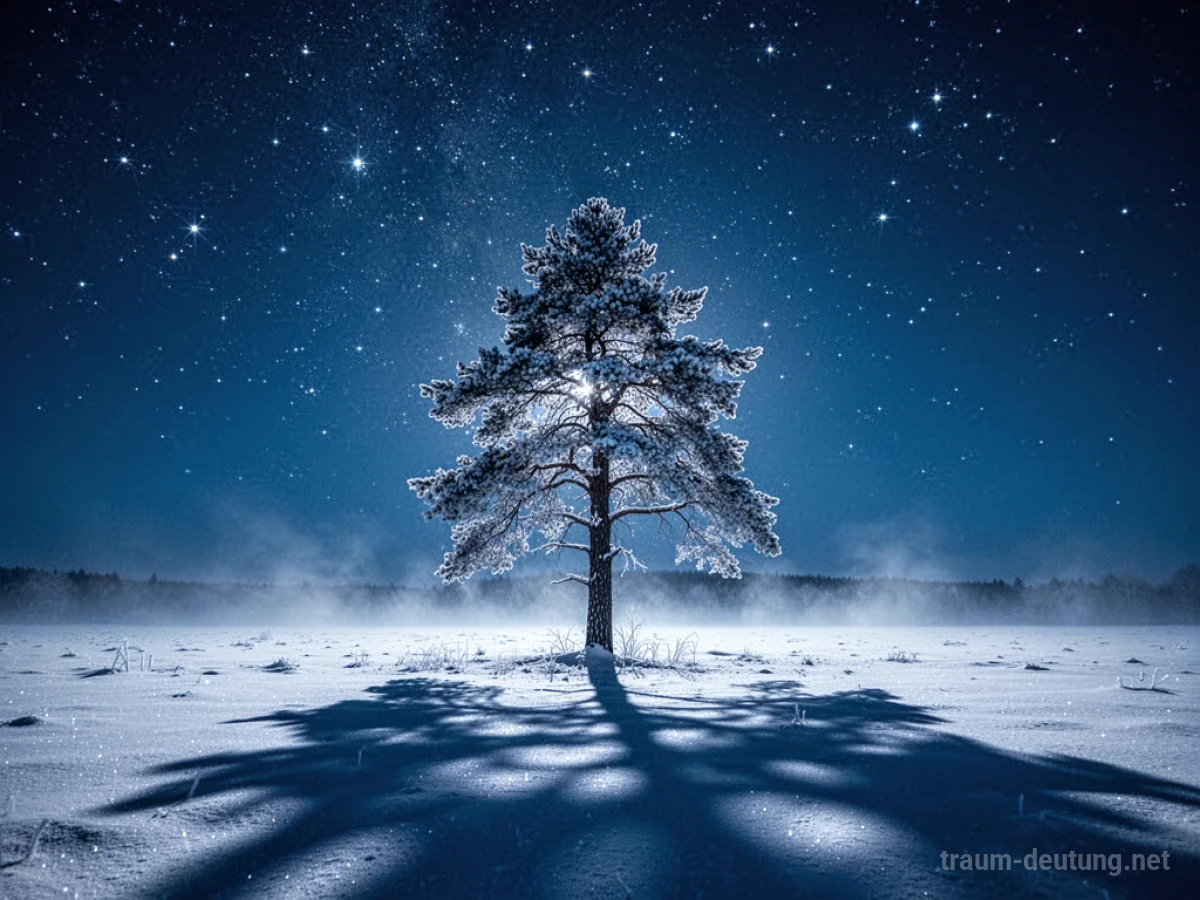Traumsymbol Winter: Ein einsamer, schneebedeckter Kiefernbaum steht vor einem tiefindigoblauen Nachthimmel mit Sternen, beleuchtet von Mondlicht auf unberührter Schneefläche.
