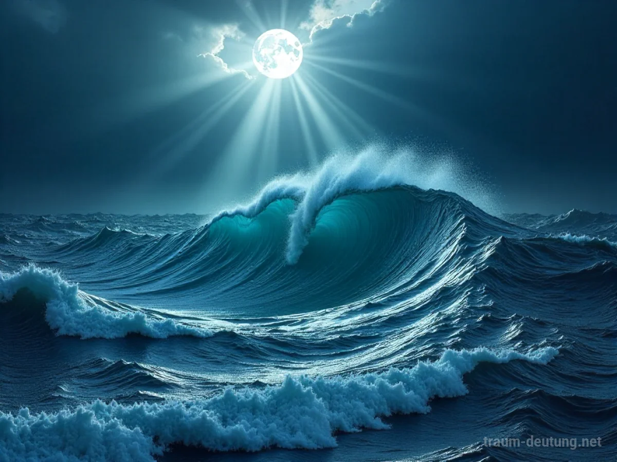 Traumsymbol Wirbel: Ein mächtiger, fotorealistischer Strudel aus wirbelndem Wasser in einem dunklen, turbulenten Ozean unter Mondlicht.
