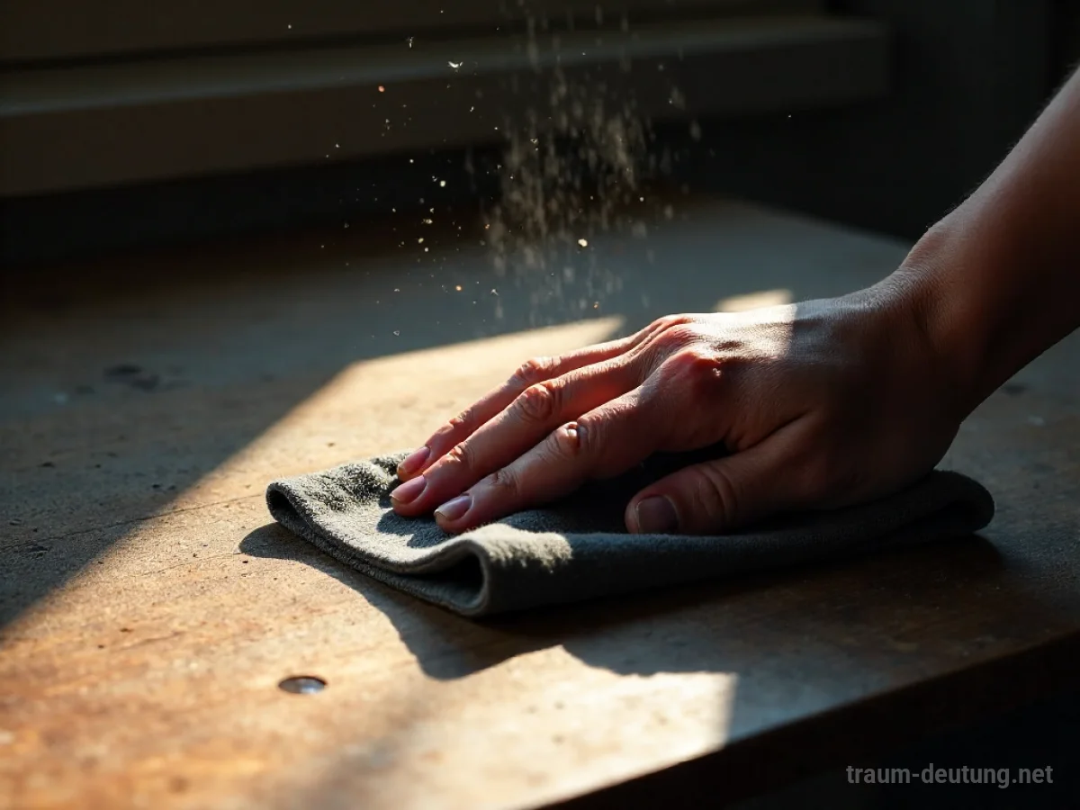 Traumsymbol Wischen: Eine Hand wischt mit einem grauen Tuch Staub von einer alten Holzoberfläche, beleuchtet von einem einzelnen Lichtstrahl.