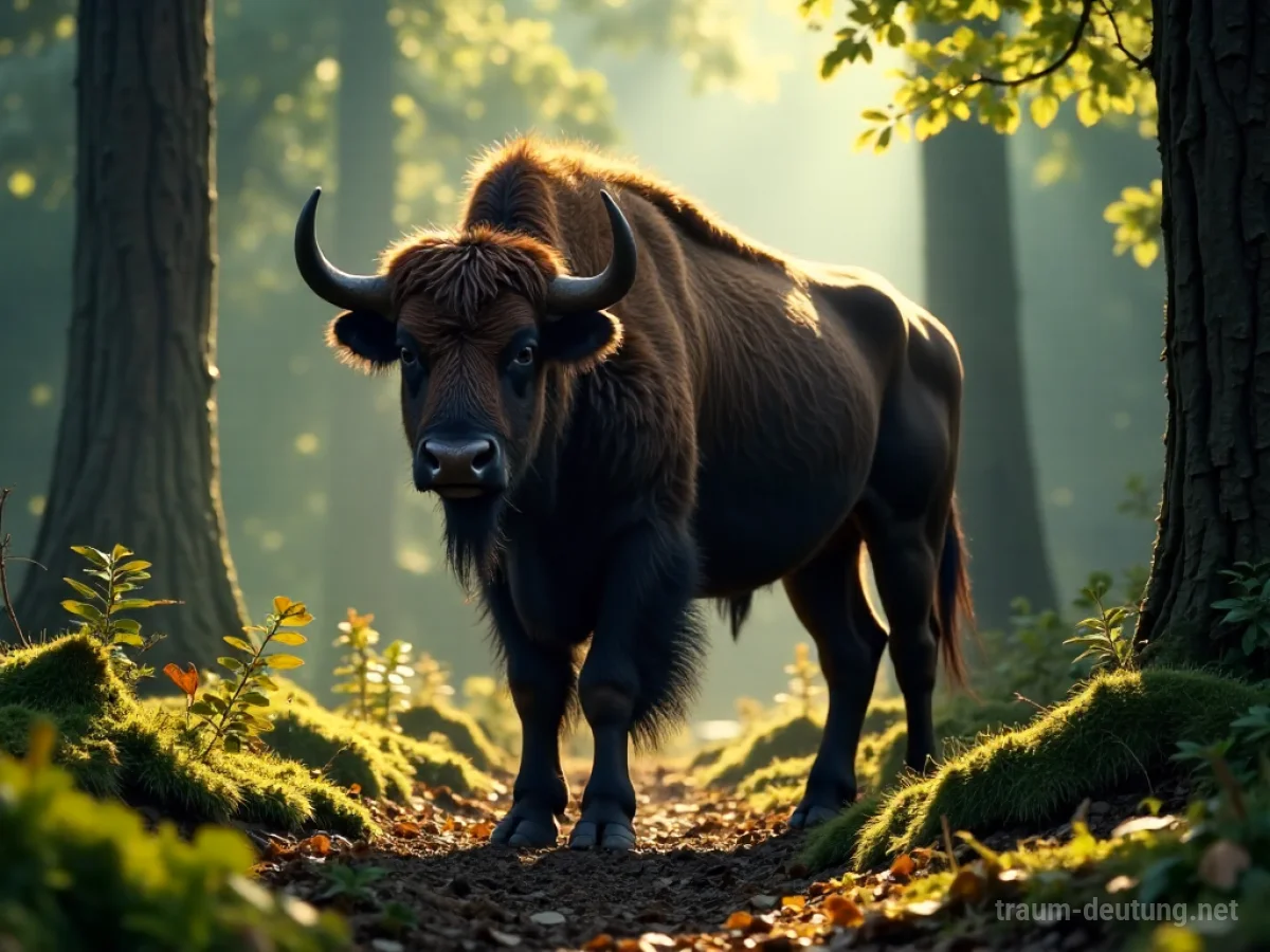 Traumsymbol Wisent: Ein majestätischer Wisent steht in einer sonnendurchfluteten Lichtung eines alten Waldes, umgeben von moosbewachsenem Boden und hohen Bäumen.