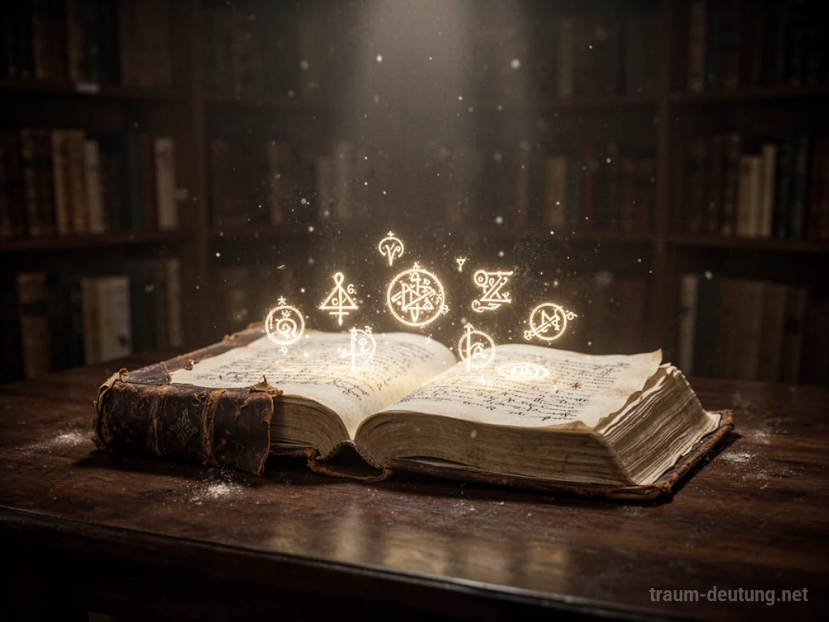 Traumdeutung Wissen: Ein altes, aufgeschlagenes Buch strahlt sanftes Licht aus, umgeben von schattenhaften Bücherregalen in einer mysteriösen Bibliothek.