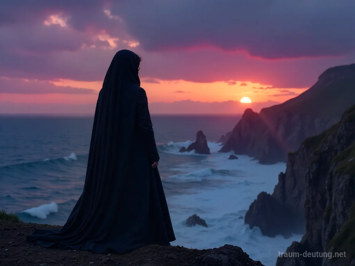 Traumsymbol Witwe: Eine einsame Frau in einem dunklen Trauerflor steht auf einer windgepeitschten Klippe bei Dämmerung mit Blick auf ein stürmisches Meer.