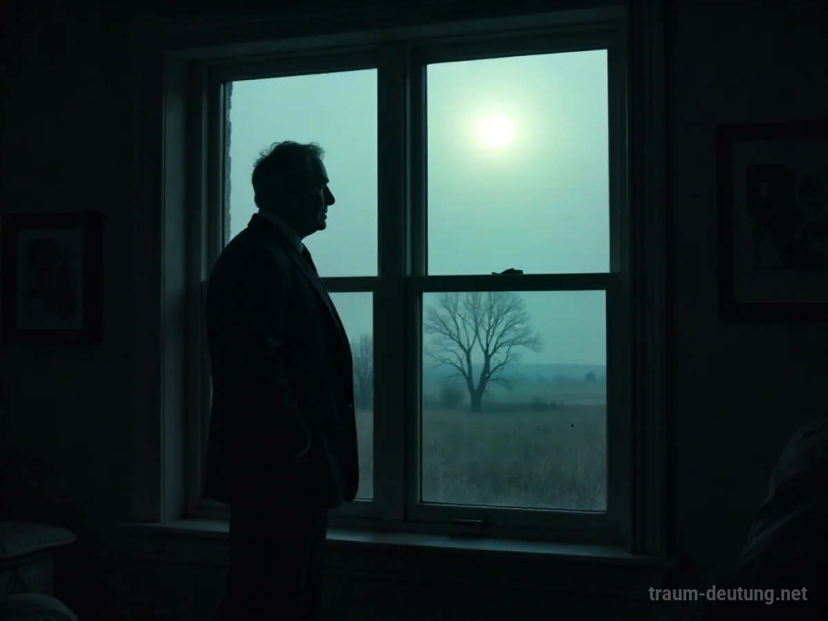 Traumsymbol Witwer: Ein Mann in dunklem Anzug steht im Mondlicht vor einem Fenster, das eine leere Landschaft widerspiegelt, und symbolisiert Verlust und Melancholie.