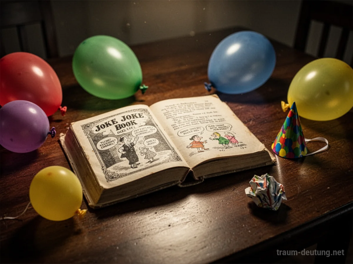 Traumdeutung Witz: Ein aufgeschlagenes Witzbuch liegt auf einem polierten Holztisch, umgeben von Luftballons und einer Partyhut.