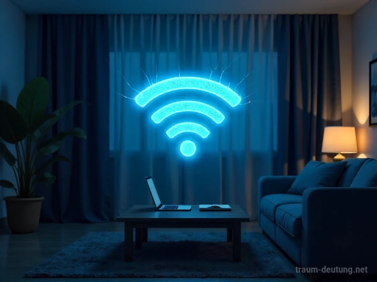 Traumsymbol WLAN: Ein leuchtendes, blaues WLAN-Symbol in einem dunklen Raum, das Verbindungen zu einem Smartphone und Laptop herstellt.