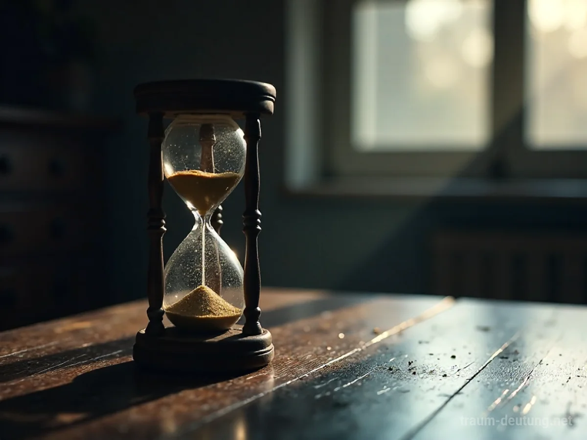 Traumsymbol Woche: Eine verwitterte Sanduhr steht auf einem dunklen Holztisch, beleuchtet von Mondlicht, das die vergehende Zeit symbolisiert.