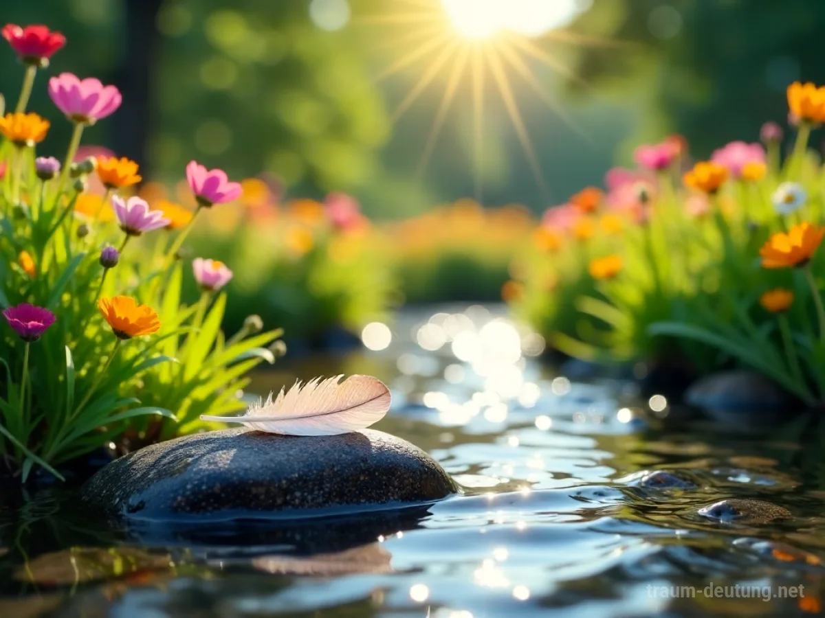 Traumsymbol Wohltat: Eine sonnenbeschienene Blumenwiese mit einem sanften Bach und einer einzelnen Feder auf einem Stein, die tiefe Ruhe und Erholung symbolisiert.
