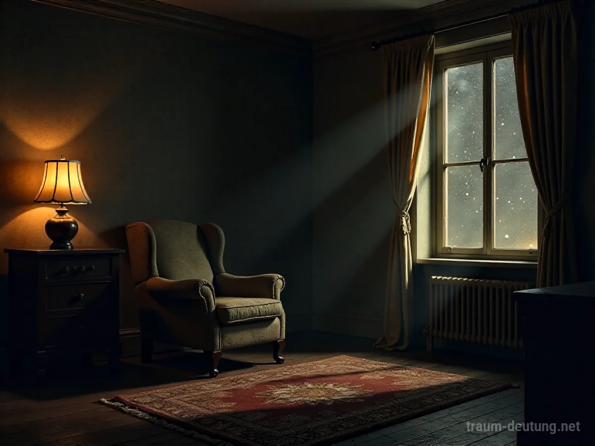 Traumsymbol Wohnen: Ein gemütliches, schwach beleuchtetes Zimmer mit einem Sessel im warmen Licht einer Lampe, Staubpartikel in der Luft, antike Holzmöbel und ein Sternenhimmel draußen.