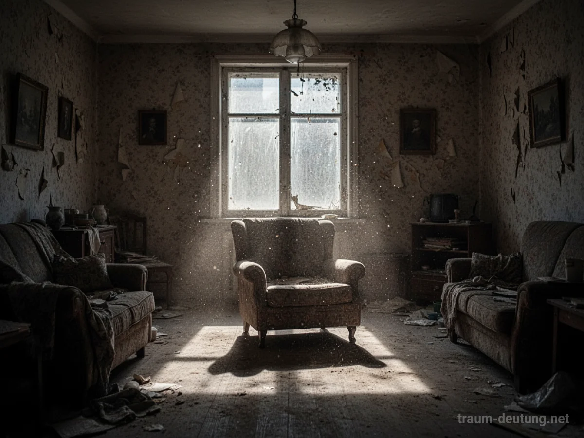 Traumdeutung Wohnung: Eine spärlich beleuchtete, leicht unordentliche Wohnzimmer-Atmosphäre im Mondlicht, die das innere Selbstbild symbolisiert.